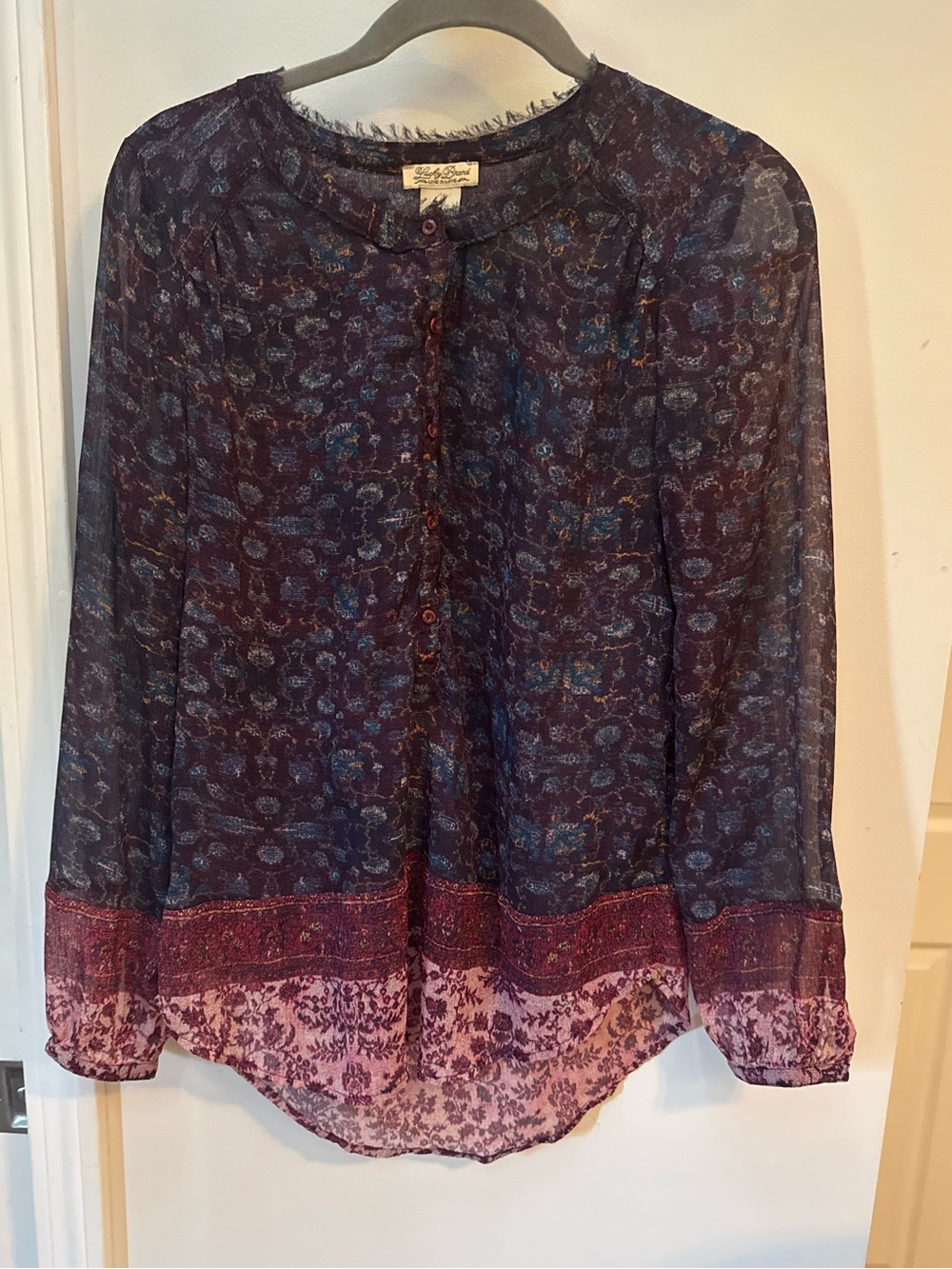 Lucky Brand Navy Floral Printed Peasant Blouse with Pink Border